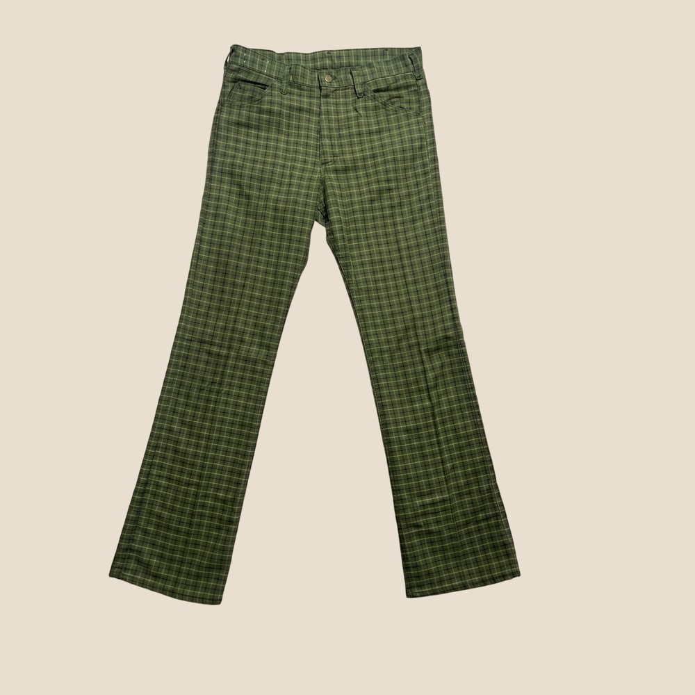 Vintage 70s Lee Riders Green Tartan Plaid Bell Bottom Flare Pants 34x33
